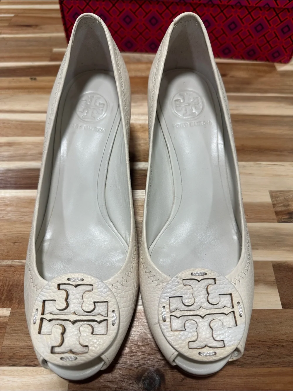 Tory Burch Cream Leather Wedge Peep-Toe Pumps with Logo Medallion 463